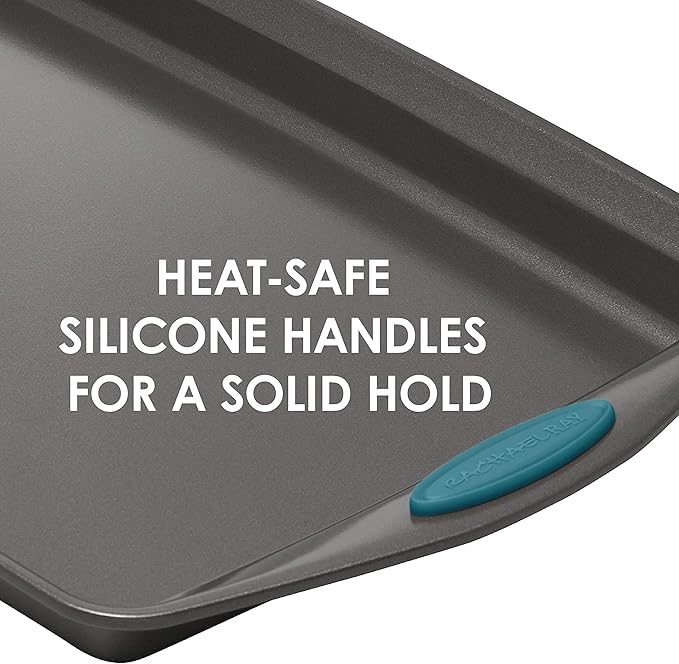 Rachael Ray Yum-o! Bakeware Oven Lovin' Nonstick Loaf Pan, 9-Inch by 5-Inch Steel Pan, Gray with Marine Blue Handles