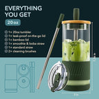 Pandaloo® Glass Cups With Lids and Straws -20 Fl Oz- Perfect Size Iced Coffee Cup - Smoothie Cup With Bamboo Lid and On the go Lid - Glass Tumbler With Straw (1 Count (Pack of 1), Mediterranean Olive)