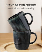 famiware Coffee Mugs Set of 6, Ocean Square 13oz Coffee Cup Set with Handle for Cocoa, Milk, Hot Chocolate, Tea, Water, Stoneware Cups for Kitchen, Microwave and Dishwasher Safe, Deep Forest
