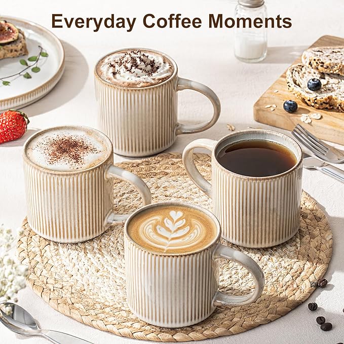 Coffee Mug Set for 4-12oz Ceramic Mugs for Coffee, Tea, Cocoa, Milk, Microwave & Dishwasher Safe, Stoneware Drinkware Set, Beige