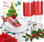 Festiva 176Pcs Christmas Plastic Plates Heavy Duty- Christmas disposable Dinnerware Set-include 50Plates 25Plastic Silverware 25Cups 25Holly Berry Napkins