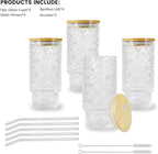 4 Pcs 16oz Drinking Glasses Cups Set with Bamboo Lids Straws Brush Begonia Vintage Glassware Set for Juice Iced Coffee Beer Cocktail Whiskey