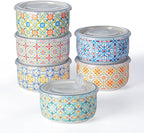 Ceramic Bowls Set with Lid: Microwave Safe Soup Containers Set of 6 for Meal Prep, Cereal, Salad, Picnic, Camping, Office Lunch, Kitchen Food Storage - 5 Inch, 20 oz, 6 PCS, Design D