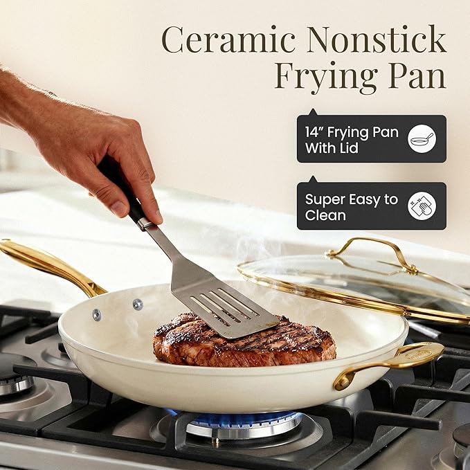 GOTHAM STEEL 14 Inch Nonstick Frying Pan with Lid, Large Ceramic Skillet for Family, Non Toxic PFOA PFOS PFAS Free, Oven & Dishwasher Safe 500°F, Even Heat Distribution, Cream