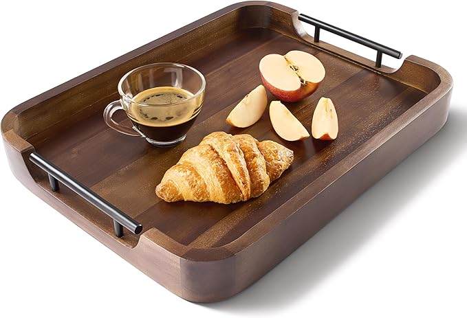 TIDITA Ottoman Tray for Living Room – 17"x13" Rectangle Serving Tray with Handles – Acacia Wooden Tray for Coffee Table, Living Room, Breakfast in Bed – Decorative Trays for Ottoman (Walnut Color)