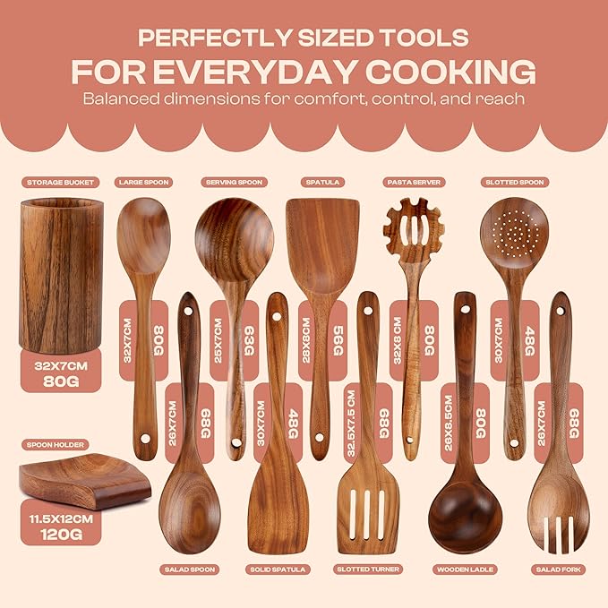 12-Piece Wooden Spoons for Cooking with Holder – Natural Teak Wood Utensils – Comfort-Grip Cooking Wood Tools Non-Stick Safe Easy to Clean Heat Resistant Set