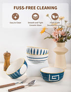 Yeacccng Japandi Cereal Bowls Set of 4, 6 Inch 27 Oz Blue Striped Ceramic Soup Bowls, Lead-Free Cadmium-Free, Dishwasher Microwave Oven Safe, Scratch-Resistant Serving Bowls