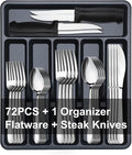 73-Piece Silverware Set with Organizer, Pleafind Stainless Steel Silverware Sets for 12, Cutlery Utensil Sets with Steak Knives, Include Forks Spoons Knives ＆ Silverware Organizer, Dishwasher Safe