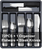 73-Piece Silverware Set with Organizer, Pleafind Stainless Steel Silverware Sets for 12, Cutlery Utensil Sets with Steak Knives, Include Forks Spoons Knives ＆ Silverware Organizer, Dishwasher Safe