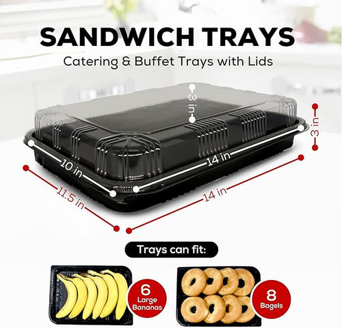 25 Pack Catering Trays with Lids – 13" Serving Tray with Lid, Heavy Duty Recyclable Plastic Party Platters for Catering, Buffet, Picnics & Events – Food Trays with Clear Lid (13.39 × 9.84 × 2.95 inch)