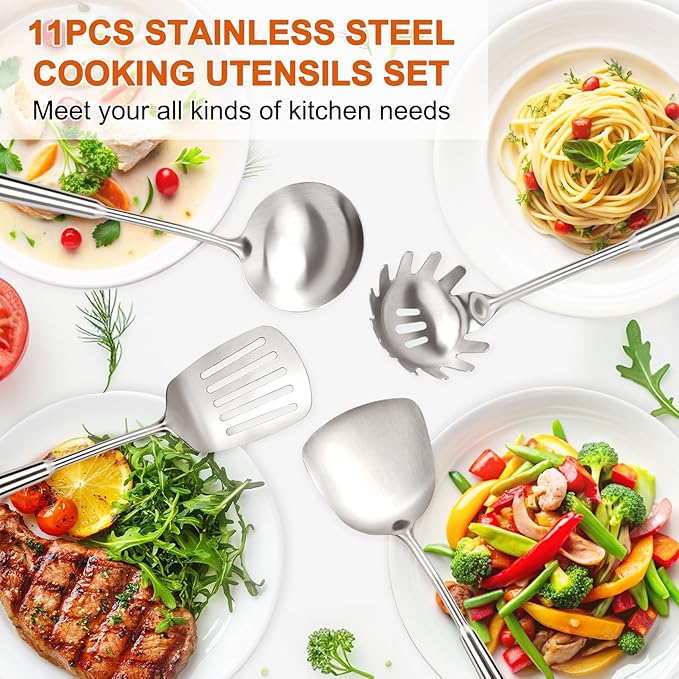 304 Stainless Steel Cooking Utensils Set, 11PCS Stainless Steel Utensils Set, Metal Cooking Utensils Set Include Meat Fork, Tongs, Turner, Soup Ladle, Dishwasher Safe