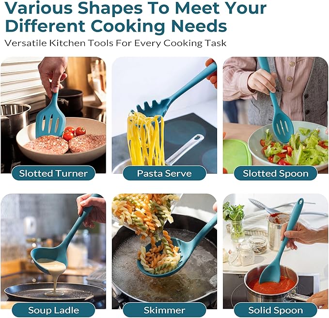 TeamFar Silicone Cooking Utensils Set of 6, Kitchen Utensils Set, Includes Ladle Slotted Turner for Non-stick Cookware, Healthy & One-Piece, Non-Scratch & Heat Resistant, Dishwasher Safe, Dark Blue