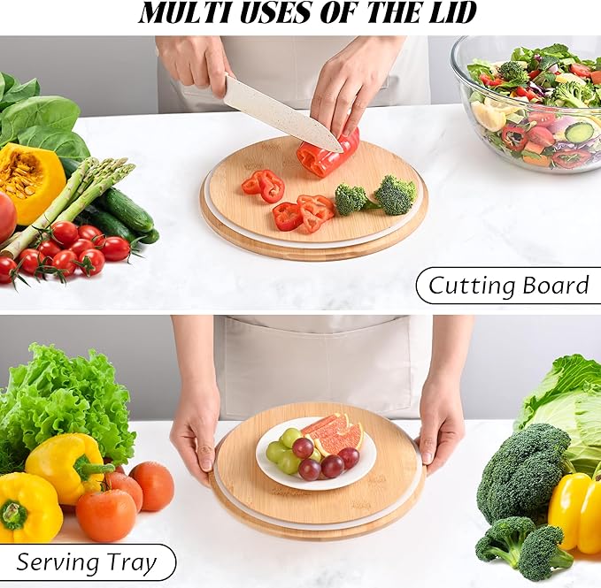 LOVYANXUE 10.6" Glass Salad Bowl with Sealed Lid, 4.7 Quart Large Capacity Serving Bowls and Mixing Bowls with Utensils, Versatile Glass Bowls for Salads, Trifle, Fruits, Pasta, Microwave Safe