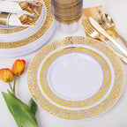 WELLIFE 175Pcs Gold Dinnerware Sets, Include:25 Dinner Plates, 25 Dessert Plates, 25 Paper Napkins, 25 Cups, 25 Plastic Cutlery Set