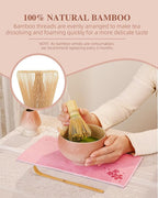 ZENS Matcha Whisk Set, 6pcs Matcha Kit Set with Matcha Bowl, Bamboo Whisk & Scoop, Chasen Holder, 304 Stainless Steel Sifter, Tea Mat for Japanese Tea Ceremony- Pale Pink