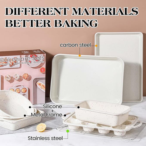 8 Pcs Baking Pans Set, Silicone Bakeware Sets with Metal Reinforced Frame, Nonstick Stackable Carbon Steel Non Toxic Baking Sets for Cooking (Cream)