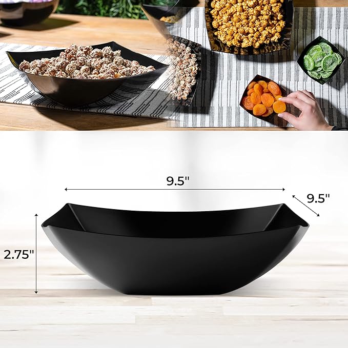 Posh Setting - Black Plastic Serving Bowls for Party (64oz - 4 Pack) Square, Disposable & Fruit Bowls for Party Table, Candy Containers for Candy Buffet