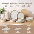 GBHOME 18-Piece Stoneware Dinnerware Set for 6 – Ribbed Ceramic Plates and Bowls, Scratch-Resistant, Microwave & Dishwasher Safe, Reactive Glaze, White with Honey-Brown Edge
