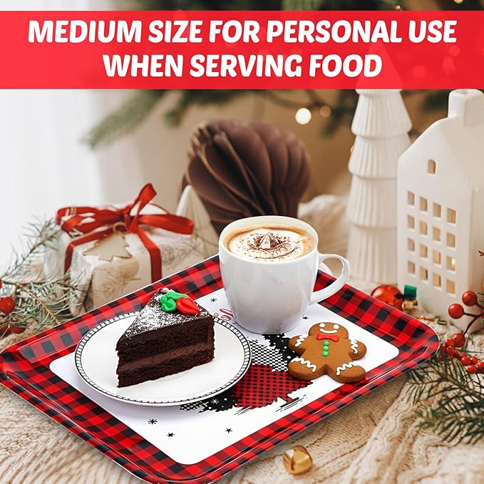 Vesici 3 Pcs Christmas Serving Trays 13 x 10 Inch Black and Red Plaid Xmas Tree Melamine Platters Reusable Rectangular Serving Dishes for Xmas Holiday Party Sharing Snacks Fruit Dessert Candy