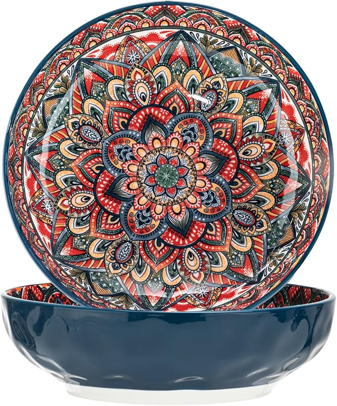 Boho Large Serving Bowls, 10.2 Inch Fruit Salad Bowls, Decorative Serving Dishes for Entertaining, 80 OZ Pasta Bowls Set of 2, Vibrant Colorful Soup Bowls for Party, Home Decor, Bohemian Style Gift