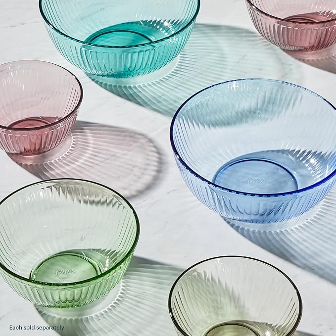 Pyrex Colors (3-Pack, Full Set) Sculpted Tinted Glass Mixing Bowls With Plastic Lids, Nesting Space Saving Set of Bowls For Prepping and Baking, 1.3QT, 2.3QT & 4.5Q, (Pink, Green, Aqua)