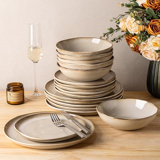 GBHOME Stoneware Dinnerware Sets for 6, 18 Pieces Rustic Ceramic Plates and Bowls Set, Handmade Reactive Glaze Plate Sets, Highly Chip Resistant Dishes, Microwave & Dishwasher Safe, Oatmeal Linen