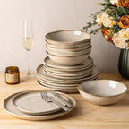 GBHOME Stoneware Dinnerware Sets for 6, 18 Pieces Rustic Ceramic Plates and Bowls Set, Handmade Reactive Glaze Plate Sets, Highly Chip Resistant Dishes, Microwave & Dishwasher Safe, Oatmeal Linen