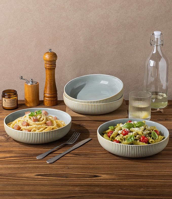 theterra 8.5'' Ceramic Pasta Bowls, Salad Bowls Set of 4, Stoneware Serving Bowls for Fruits, Noodle, Dinner, House-warming Wedding Present, Desert Sage