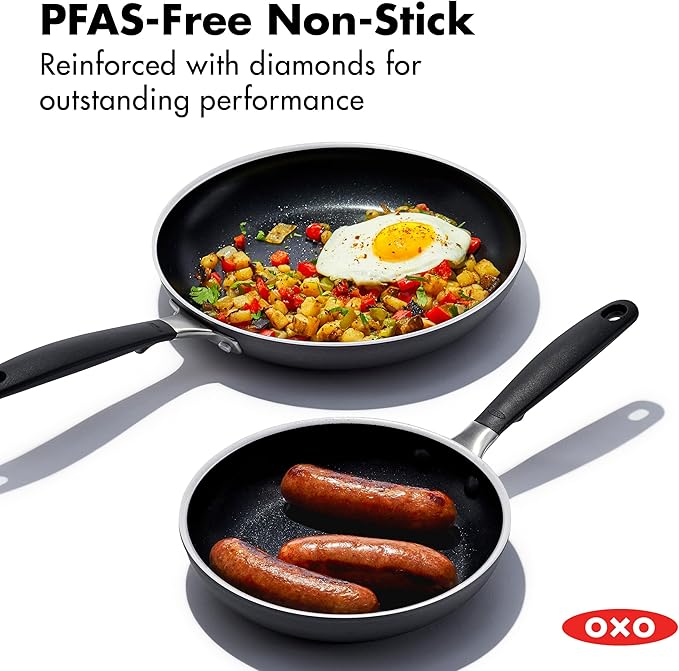 OXO Non-Stick Every Day Frying Pan Set, BPA-Free Comfort Grip Silicone Handles, Dishwasher & Oven Safe, PFAS-Free Ceramic Skillets, Black, 8” & 10”