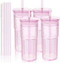 Luiaiog 20oz Glass Cups with Lids and Straws - Set of 4 Reusable Tumblers, Thickened Shatter-Resistant Glass, Ideal for Iced Coffee, Smoothies, Cocktails, Juices - Elegant & Durable Drinkware (Pink)