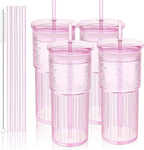 Luiaiog 20oz Glass Cups with Lids and Straws - Set of 4 Reusable Tumblers, Thickened Shatter-Resistant Glass, Ideal for Iced Coffee, Smoothies, Cocktails, Juices - Elegant & Durable Drinkware (Pink)