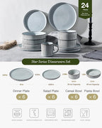 Famiware Star 24-Piece Stoneware Dinnerware Sets, Service for 6 - Shallow Pasta Bowls & Flat Plates, Modern Rustic Reactive Glaze Dishes, Chip/Scratch Resistant, Microwave/Dishwasher Safe, Smoky Blue