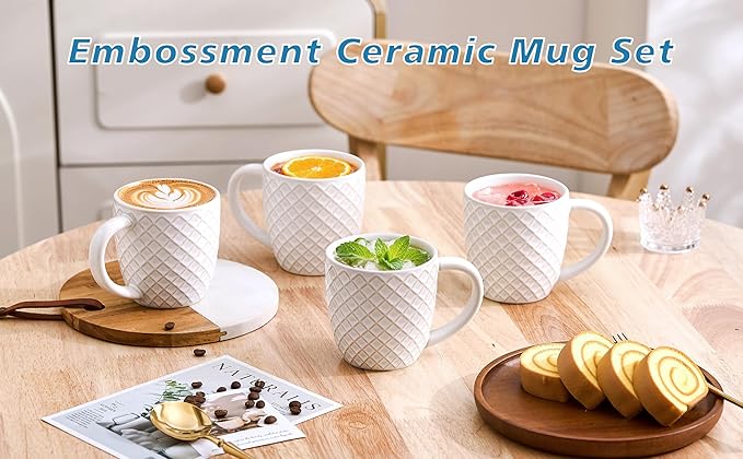 14 oz Grid Embossed Ceramic Coffee Mugs Set of 4 - White Ceramic Coffee Cups with Handle for Cappuccino Latte Tea - Dishwasher Microwave Safe Stoneware Mugs Set Housewarming Gift