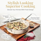 GOTHAM STEEL 5.5 Qt Saute Pan with Lid - Nonstick Deep Frying Pan, 100% PFOA Free Ceramic, Dishwasher Safe, Cream White