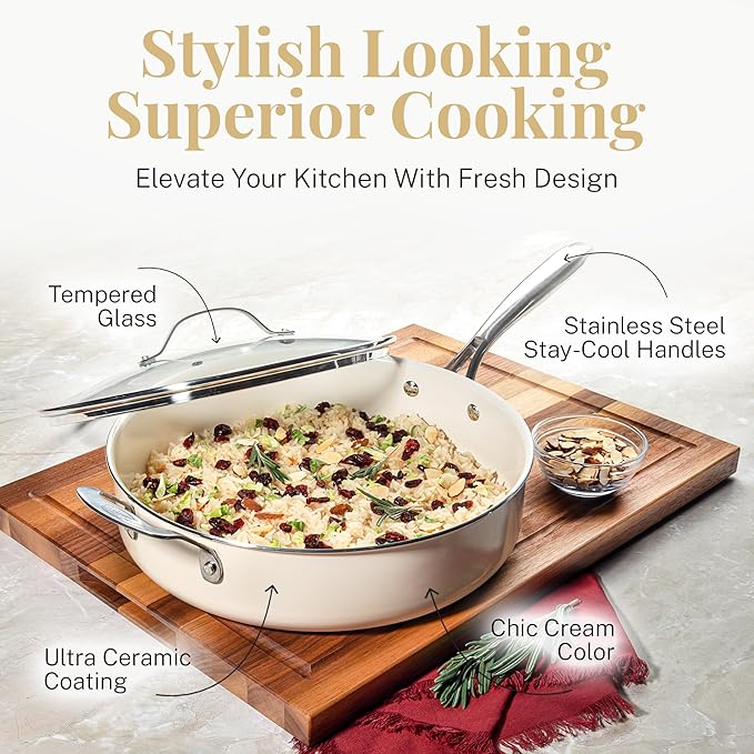 GOTHAM STEEL 5.5 Qt Saute Pan with Lid - Nonstick Deep Frying Pan, 100% PFOA Free Ceramic, Dishwasher Safe, Cream White