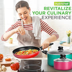NutriChef 15-Piece Non Stick Kitchen Cookware Set PFOA/PFOS-Free, Colorful Heat Resistant Lacquer w/Saucepot, Frying Pans, Oven Pot, Lids, 5 Utensil - NCCWCOR15