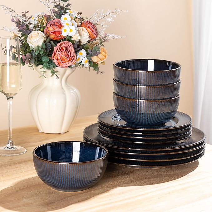 GBHOME Ceramic Dinnerware Sets,12 pcs Embossed Elegant Stoneware Plates and Bowls Sets, Housewarming Wedding Gift | Dishwasher & Microwave Safe | Dishes Set Service for 6