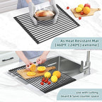 Ohuhu Over The Sink Dish Drying Rack, 20.5" W x 13.1" L Rolling Dish Drainer Foldable Sink Accessories Heat-Resistant Mat Anti-Slip Silicone Coated Dish Racks for Kitchen Counter