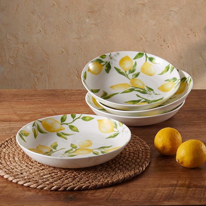 Mikasa Lemons Bone China Lightweight Chip Resistant Set Of 4 Pasta Bowls, 8.5 Inch, 20 fl oz