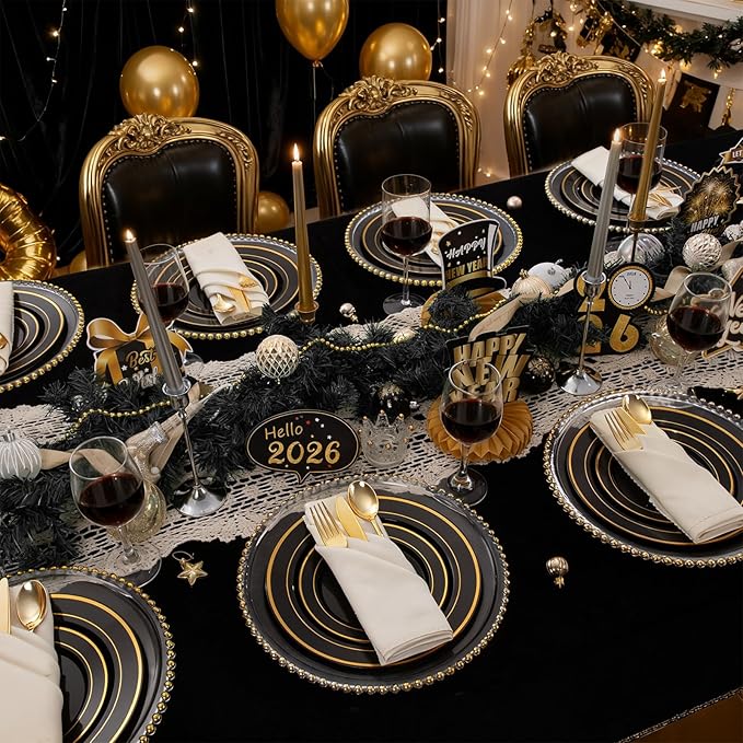 350 Pieces Black and Gold Plastic Plates with Disposable Silverware, Include 50 Dinner Plates 9”, 50 Dessert Plates 6.3”, 50 Black Cups 9 OZ, 50 Pre Rolled Napkins for Wedding Party Graduation