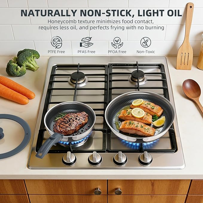 Hybrid Non Stick Frying Pans Set 4-Piece, 8 & 9.5 Inch Tri-Ply Stainless Steel Pans with Lid and Detachable Handle, PFOA Free Skillets for All Cooktops, Dishwasher & Oven-Safe Cookware Set