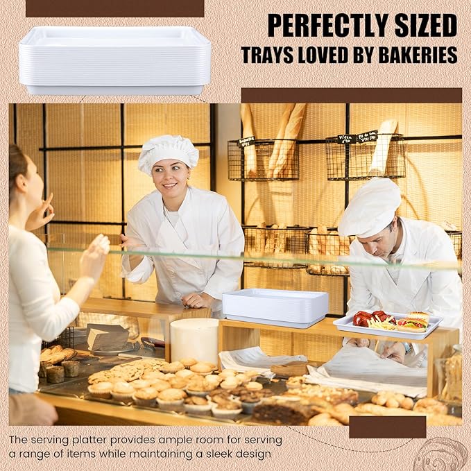 Ziliny 20 Pcs Plastic Serving Trays Bulk Plastic Serving Platters Reusable Rectangle Food Tray Stackable Party Trays for Dinner Snack Dessert in School Cafeteria(White,16 X 11)