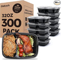 Glotoch Express 300 Pack 32oz Black 2 Compartment Square Meal Prep Containers, Food Storage Containers with Lids for Microwave Dishwasher Freezer Safe