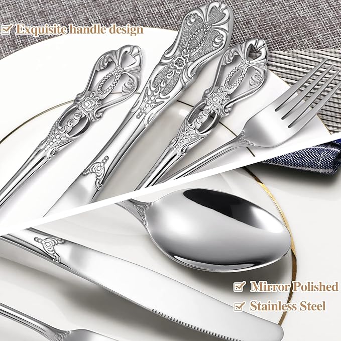 Gorgeous Retro Royal Silverware Set For 8,OIULO 18/0 Stainless Steel 40-Piece Flatware Set Service for 8,Vintage Fine Dining Utensils Fork Spoon Knife,Antique Baroque Cutlery,Mirror,Dishwasher Safe