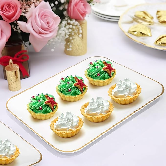 R-kay 3 Pack Plastic Serving Trays for Party - White and Gold Tray 8 by 11 in Heavy Duty Dessert Food Rectangular Premium Platters