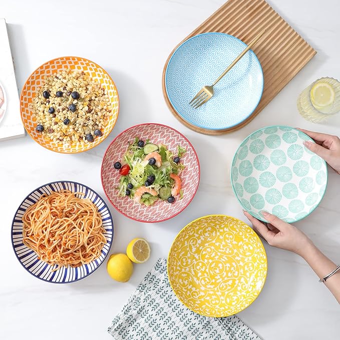 KitchenTour Pasta Bowls 26 Ounce, Porcelain Salad Bowls Serving Bowls Set of 6, 8 inch Ceramic Soup Bowls Dinner Bowls, Dishwasher and Microwave Safe, Assorted Colors