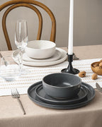 Famiware Milkyway Plates and Bowls Sets, 12 Pieces Dinnerware Sets, Reactive Glaze Dish Set, Stoneware Dishes Set for 4, Matte Beige White & Matte Dark Charcoal