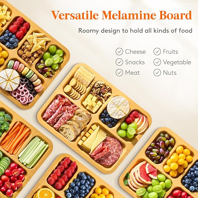 Lifewit 6 Compartment Melamine Charcuterie Board, 11 x 14 Inch Portable Cheese Board with Plastic Lockable Clear Lid, Serving Platter with Cover for Snacks, Fruit, Appetizers