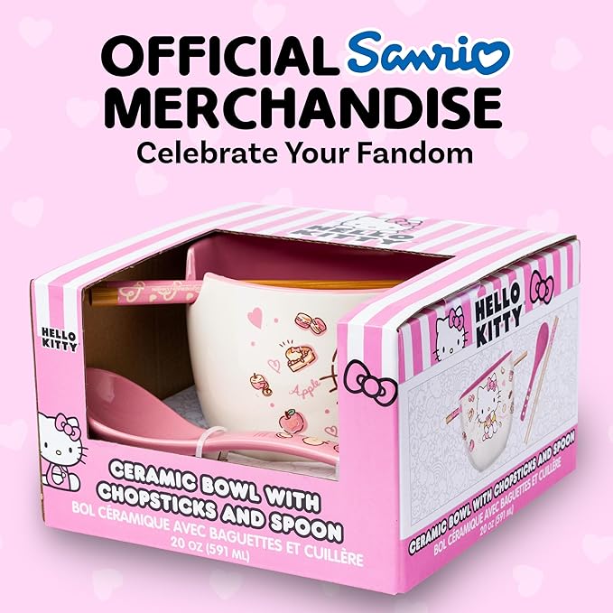 Silver Buffalo Sanrio Hello Kitty Apples and Cinnamon Ceramic Ramen Noodle Rice Bowl with Chopsticks and Spoon, Microwave Safe, 20 Ounces