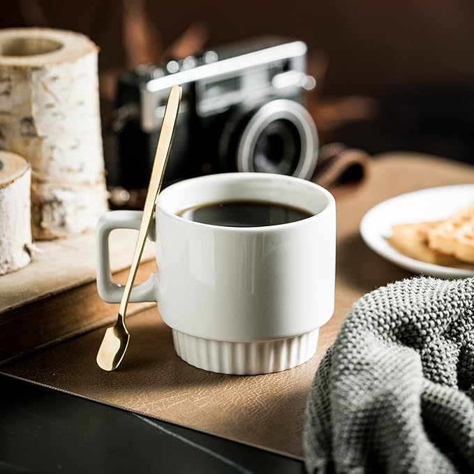 Miamolo Coffee Mugs Set of 4, Stackable Coffee Cups with Holder Spoons 11oz Ceramic Espresso Cup for Cappuccino Latte Tea Drinks, Dishwasher & Microwave Safe, White